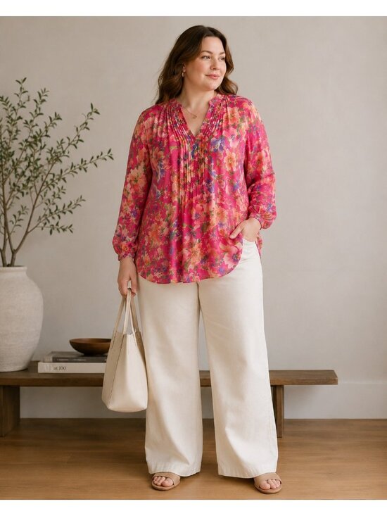 Lauren Ralph Lauren Tops - Lauren Ralph Lauren 2X 100% Silk Floral Tunic Blouse Pink Pleated Neck Long Slee